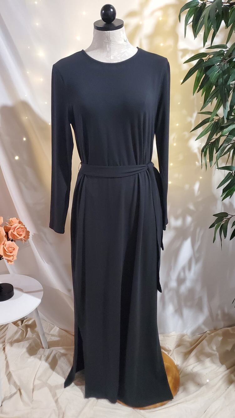 Garnet Hill Linden Knit Column Maxi Slit Dress Womens Size M Black Tie Waist Eco